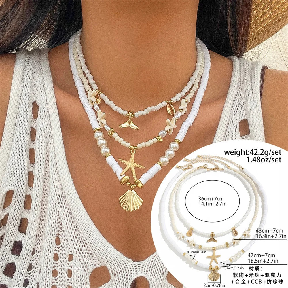 Conch Starfish Rice Bead Collar Necklace Jewelry
