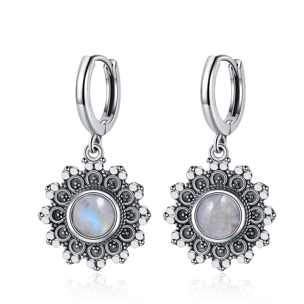 Natural Stone Sun Flower Hoop Earrings for Women, Vintage Antique Silver Turquoise Amethyst Labradorite Dangle Earring Wholesale