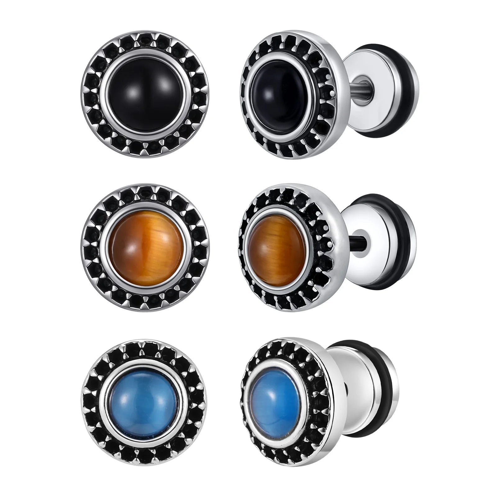 Natural Stone Studs Earrings for Men Women, Stainless Steel Hypoallergenic Small Round Earrings,Unisex Vintage Boho Jewelry Gift