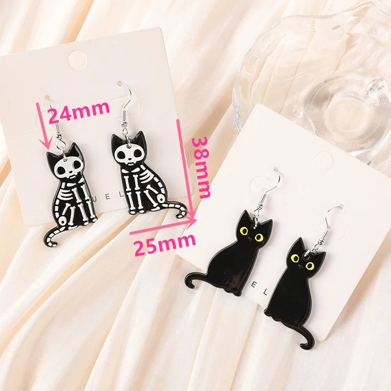 1Pair Fashion Halloween Creative Acrylic Skull Black Cat Dangle Earrings For Women Birthday Festival Gift Lovely Jewelry - Charlie Dolly