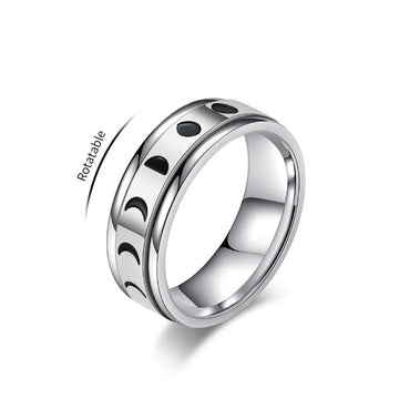 7mm Stainless Steel Crescent Moon Phase Spinner Ring Lunar Eclipse Jewelry for Women Men Size 6-11