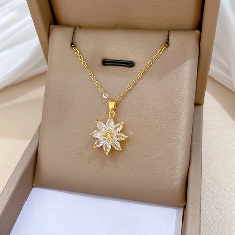 White Crystal Petal Lotus Flower Bud Pendant Necklace, Stainless Steel Waterproof Chain