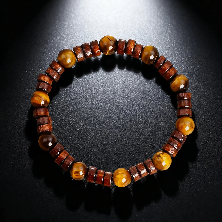 Natural Stone & Wood Bead Boho Protection Bracelet, Handmade Grounding Talisman