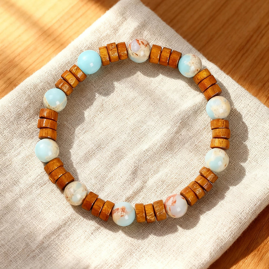 Natural Stone & Wood Bead Boho Protection Bracelet, Handmade Grounding Talisman