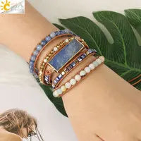 CSJA Natural Stone Bracelets Green Fluorite Crystal Aventurine Bead Leather Wrap Bracelet Multilayer Boho Jewelry Pulseira G118