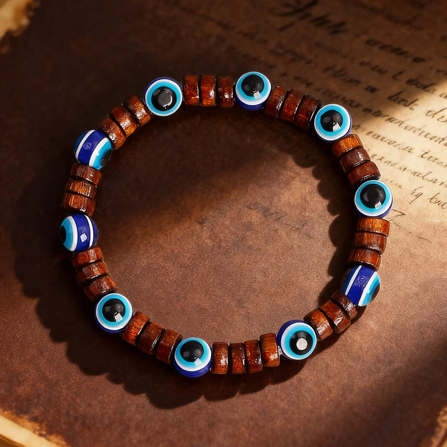 Natural Stone & Wood Bead Boho Protection Bracelet, Handmade Grounding Talisman