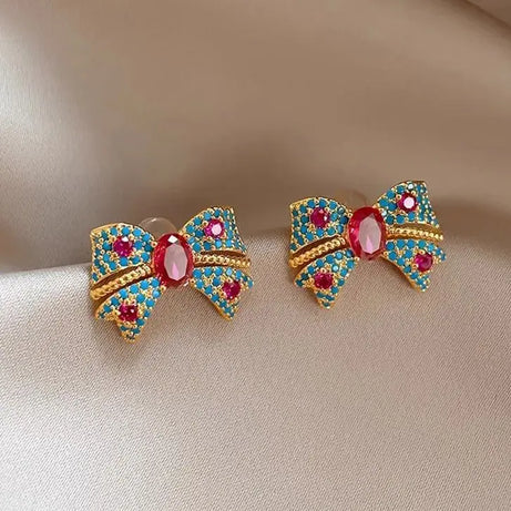 Red Crystal Zircon Bow Earrings Jewelry