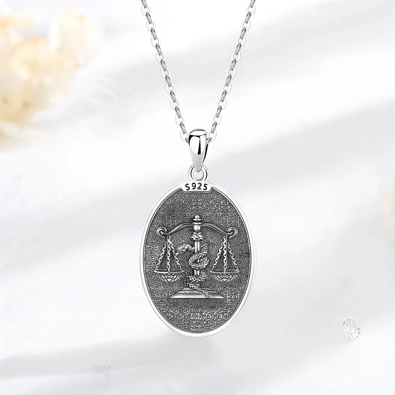 S925 Sterling Silver Themis Goddess of Justice Pendant Necklace, Sword & Scales Wicca Talisman