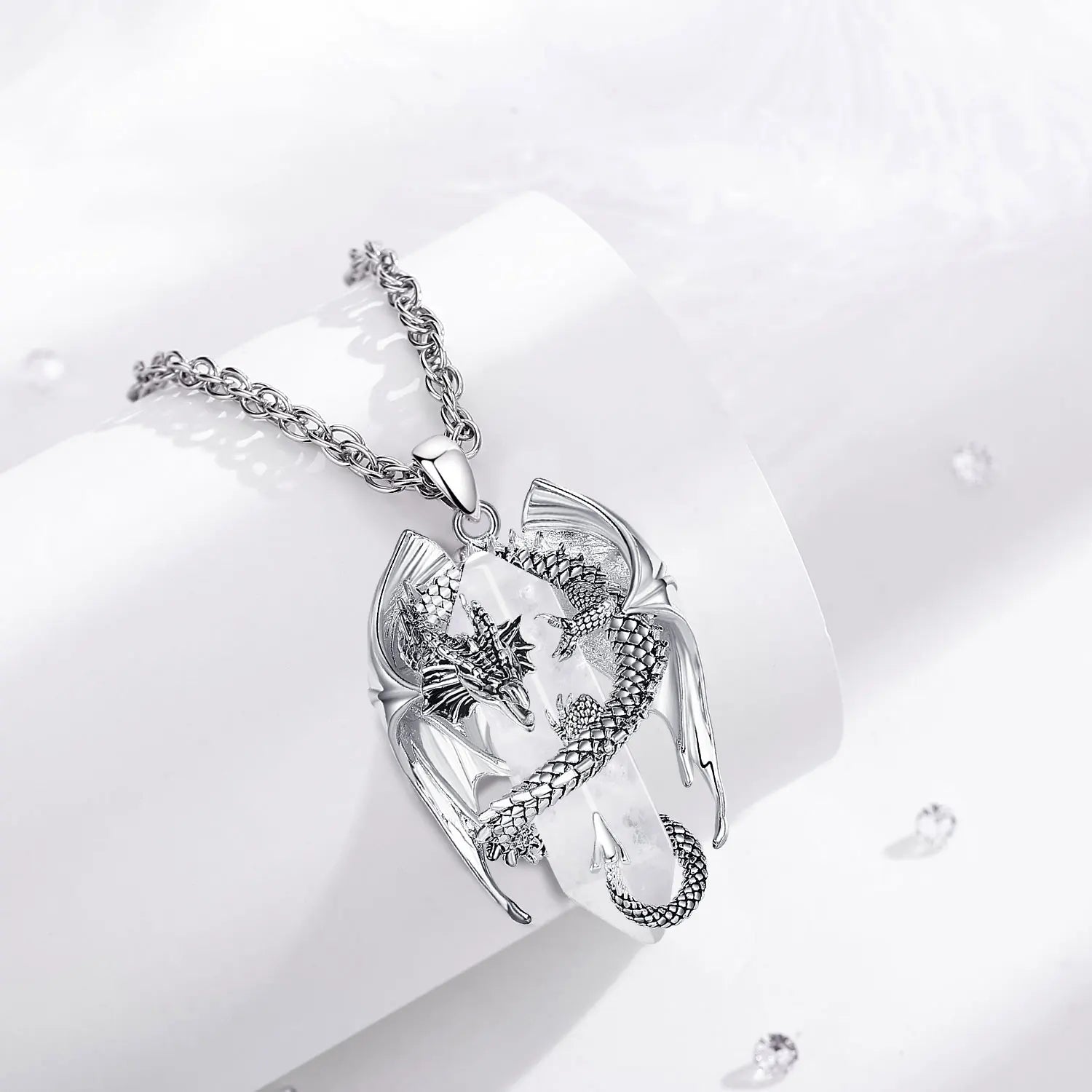Eudora Dragon Twining Hexagonal Clear Quartz Prismatic Necklace Punk Natural healing stone White Crystal Pendant Jewelry for Man