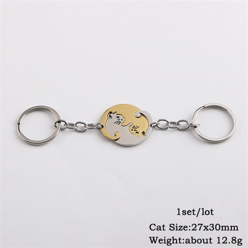 2pcs Cute Black Cat Keychain Patchwork Heart Round Couple Lovers Keyring Stainless Steel Backpack Car Key Ring Hanging Jewelry - Charlie Dolly