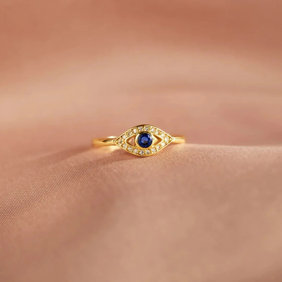 Evil Eye Protection Ring, 14K Gold Zirconia Turkish Nazar Amulet