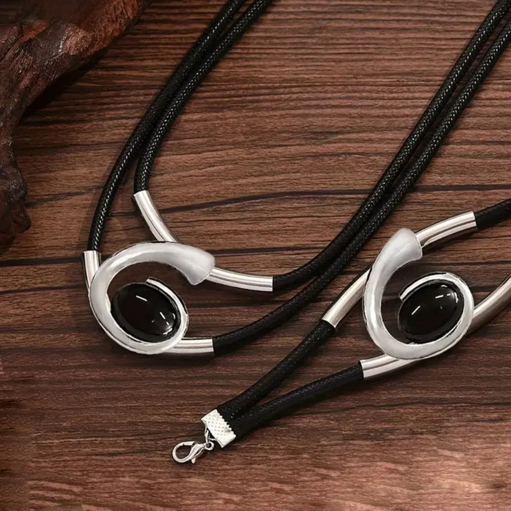 Spiral Gemstone Leather Necklace Bracelet Set Jewelry