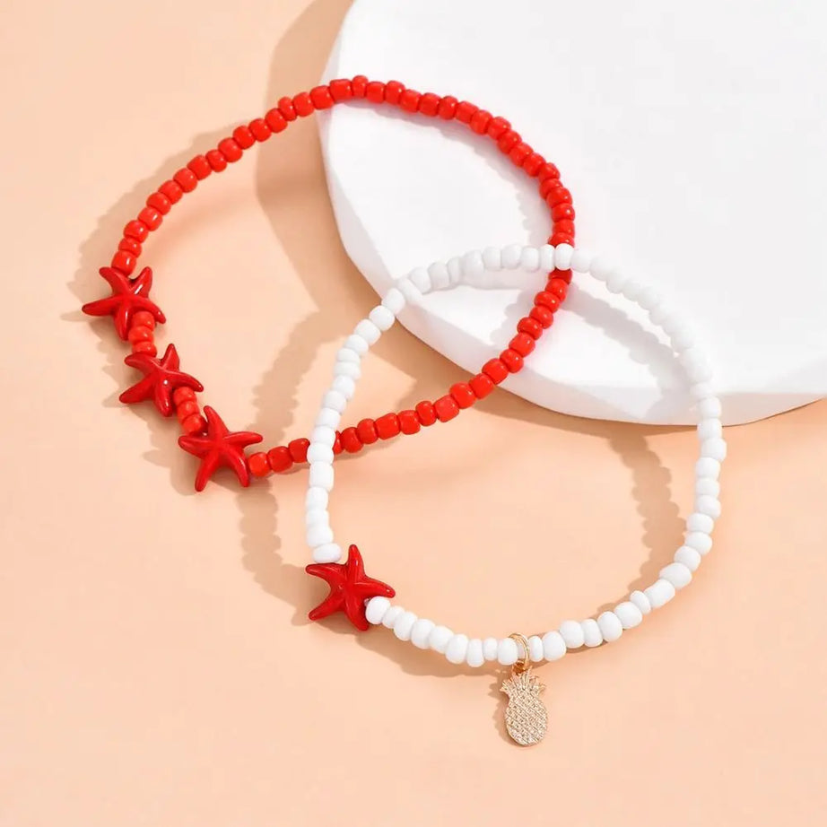 Starfish, Conch Shell and Flower Bead Boho Anklet