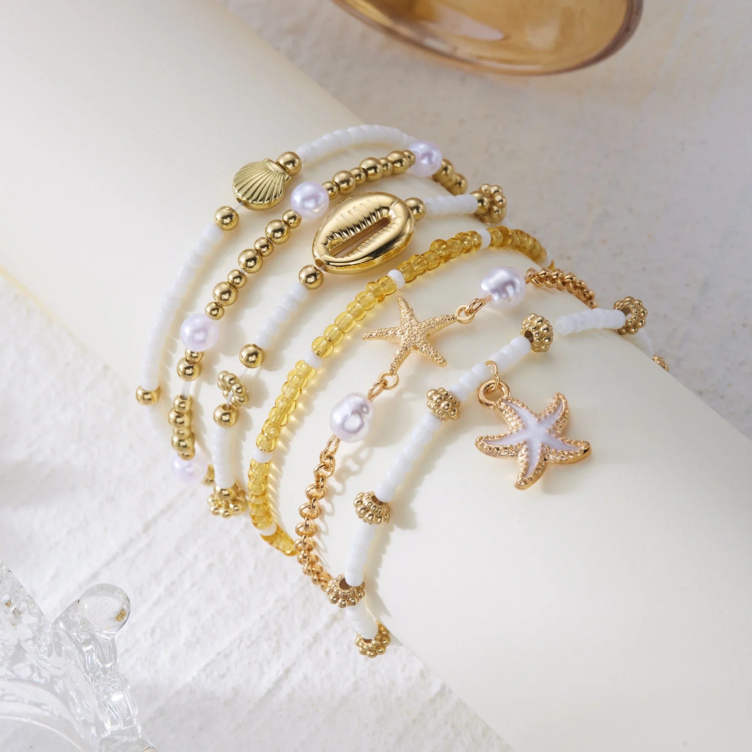 5Pcs/Set Boho Pink Pearl Beaded Bracelets for Women Summer Ocean Beach Starfish Shell Charm Multilayer Bracelet Set Jewelry Gift