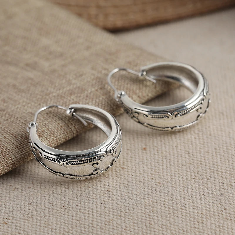 Boho Earrings, Silvery Color Women Earrings, Artisian Earrings , Gift for Her , Silvery Textured Hoop Earrings