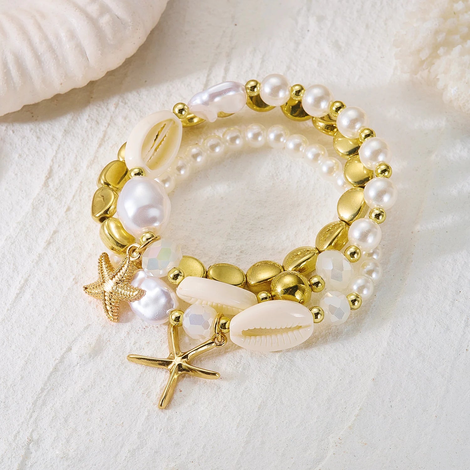 Boho Shell Imitation Pearl Elastic Bracelet Set for Women Dainty Starfish Stacked Beaded Bracelets Summer Beach Jewelry Gift