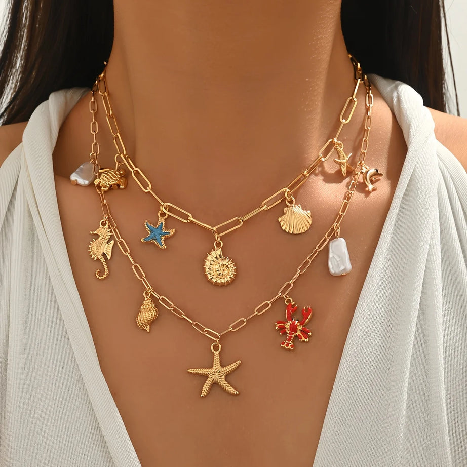Layered Ocean Charm Paperclip Chain Boho Necklace Set
