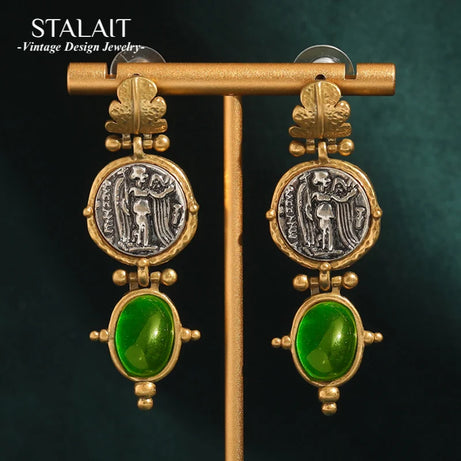 Vintage Emerald Green Stone Dangle Earrings, Antique Gold Coin Boho Jewelry