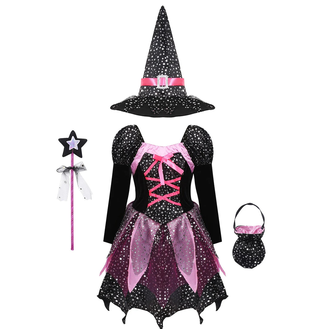 4 Pieces Witch Clothing Set Dress+Hat+Wand+Bag Girls Halloween Wizard Costume 2024 Kid Make up Party Hag Witch Apparel Vestidos - Charlie Dolly