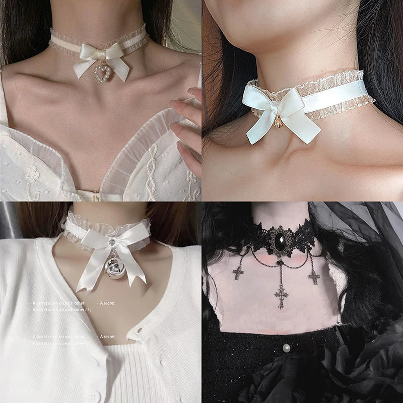 Women's Gothic Lace Choker Necklace Retro White Velvet Clavicle Chain Punk Collar Choker Steampunk Party Halloween Jewelry Gift - Charlie Dolly