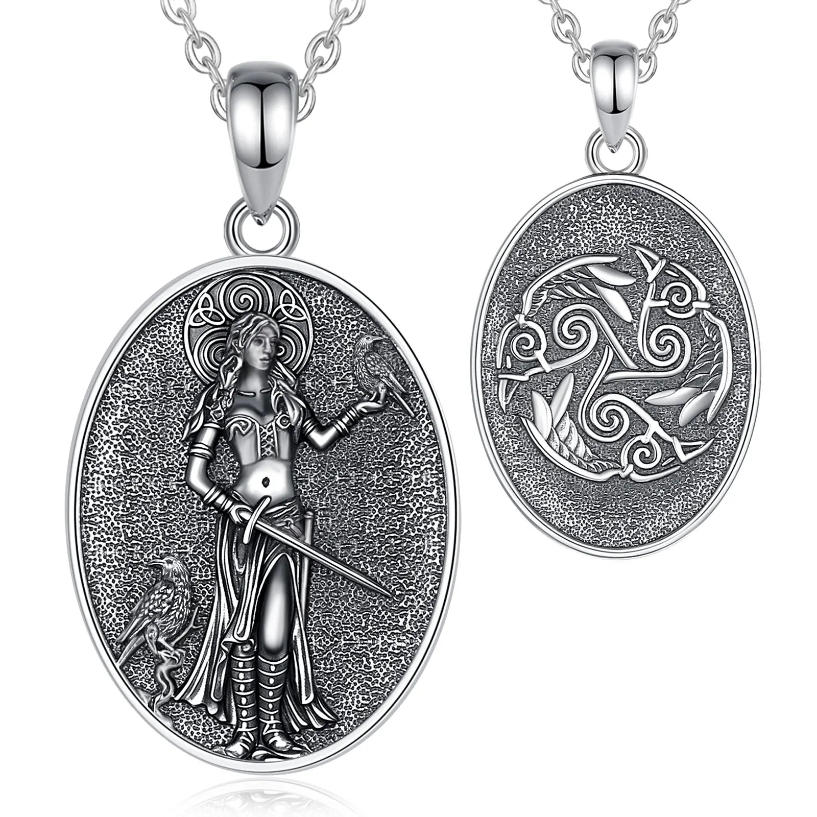 AEONSLOVE 925 Sterling Silver Morrigan Goddess Necklace Viking Raven Triple Spiral Pendant Pagan Wicca Jewelry for Women Men