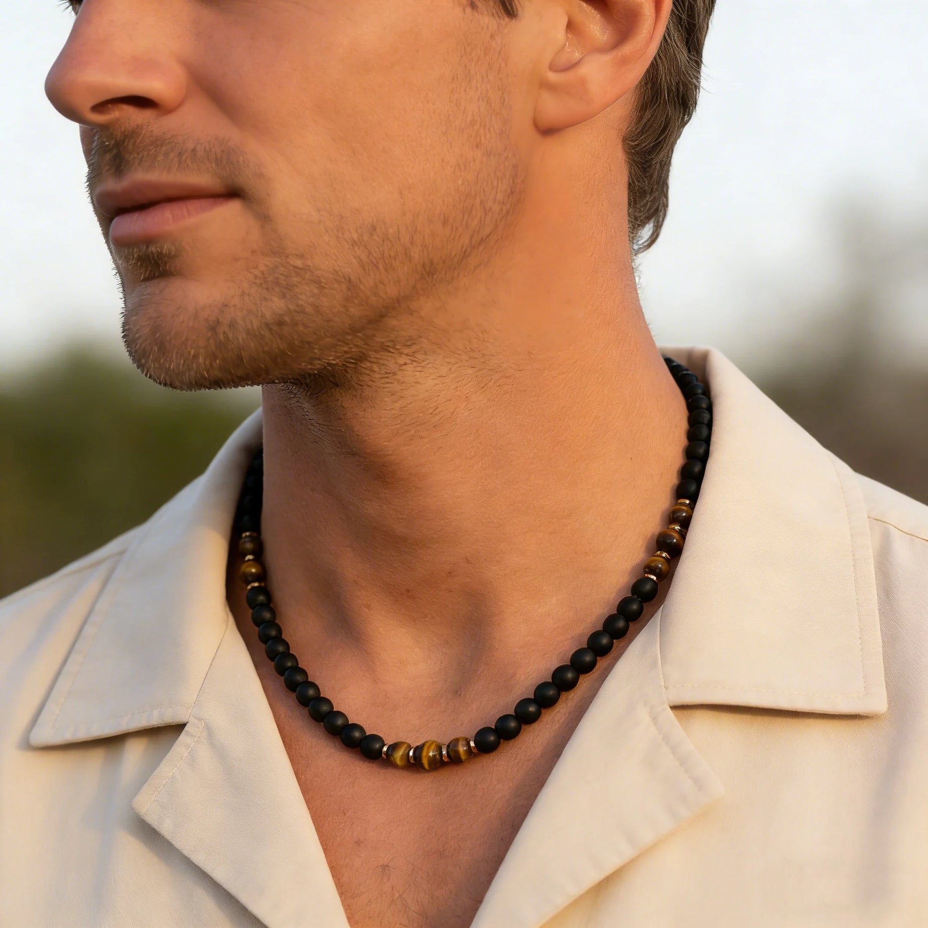 Retro Natural Stone Beads Necklace Tiger Eye Stone Stainless Steel Handmade Collar Necklace for Men Boho Trendy Jewelry Gifts - Charlie Dolly