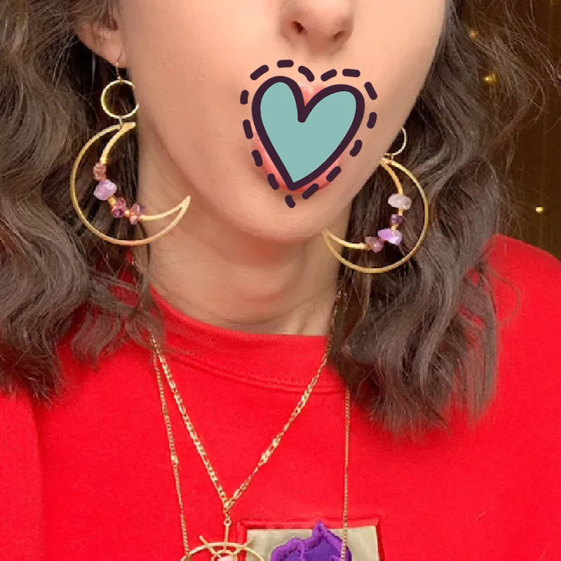 Moon phase earrings Crescent moon Space Sun and moon Genuine amethyst Witchy Boho Hippie jewelry fashion women gift 2022 new