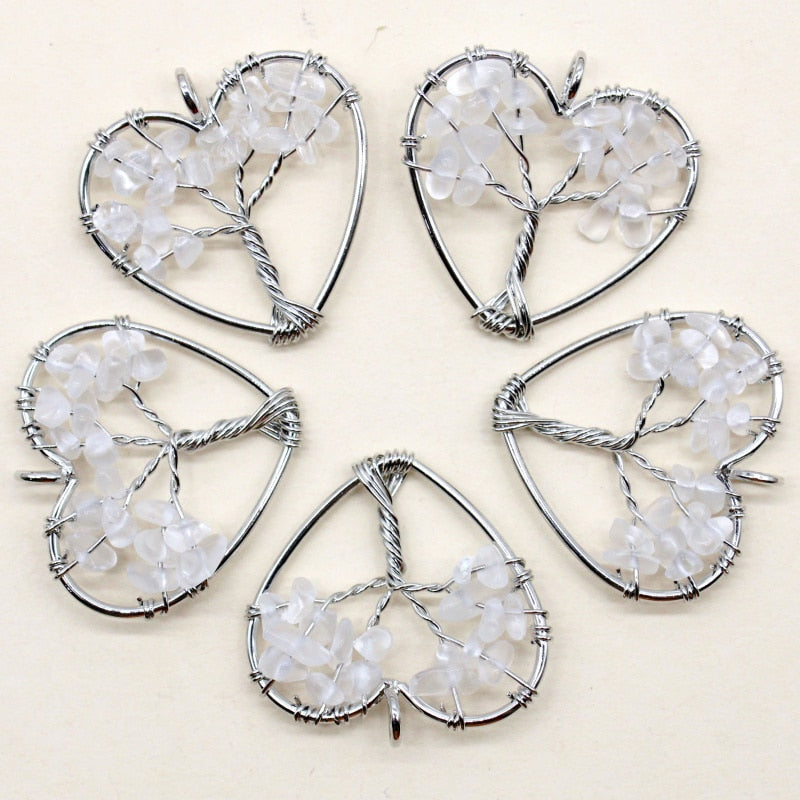 7 Chakra Natural Stone Tree of Life Pendant Necklace Handmade Heart Quartz Crystal Pendant DIY Accessories 10Pcs Wholesale - Charlie Dolly