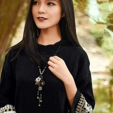 Turquoise Wood Jade Long Sweater Chain Necklace Jewelry