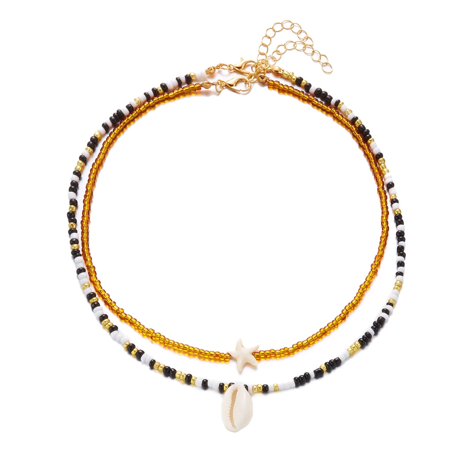 Boho Double Layer Beaded Starfish Shell Turtle Pendant Necklace Women Colorful Beads Clavicle Chain Choker Beach Party Jewelry