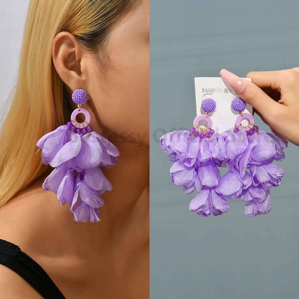 Charming Boho Long Hanging Dangle Earrings Acrylic Beads Elegant Petal Yarn Cute Sweet Fairy Fashion Statement Jewelry For Women