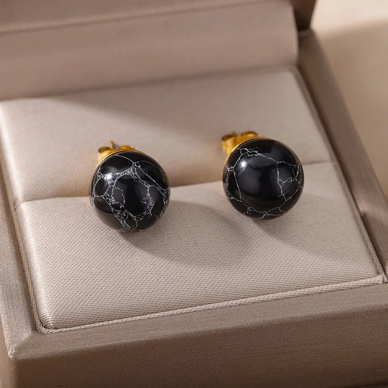 1 Pair Natural Stone Stud Earrings For Women Men Round Turquoises Tiger Eye Lapis Lazuli Beads Earring Fashion Jewelry Gift