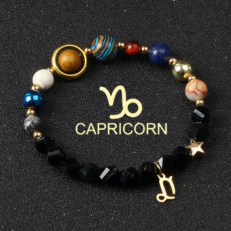 Eight Planets & Twelve Zodiac Beaded Bracelet, Natural Stone Cosmic Astrology Talisman