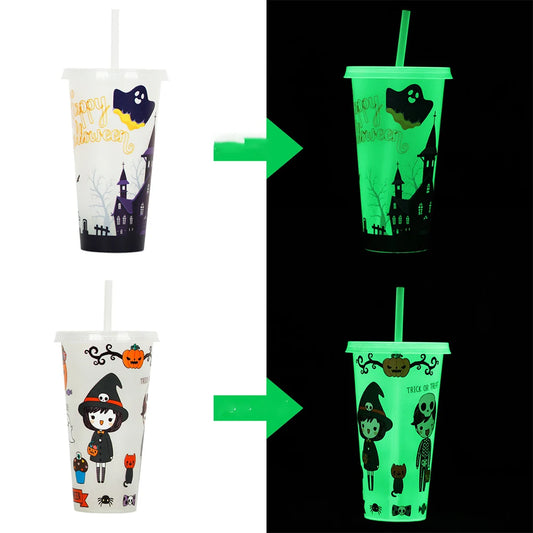 1PC 720ml Halloween Print Plastic Luminous Straw Cup Juice Milk Tea Coffee Cups for Party Supplies Funny Straw Cup Kitchen Drink