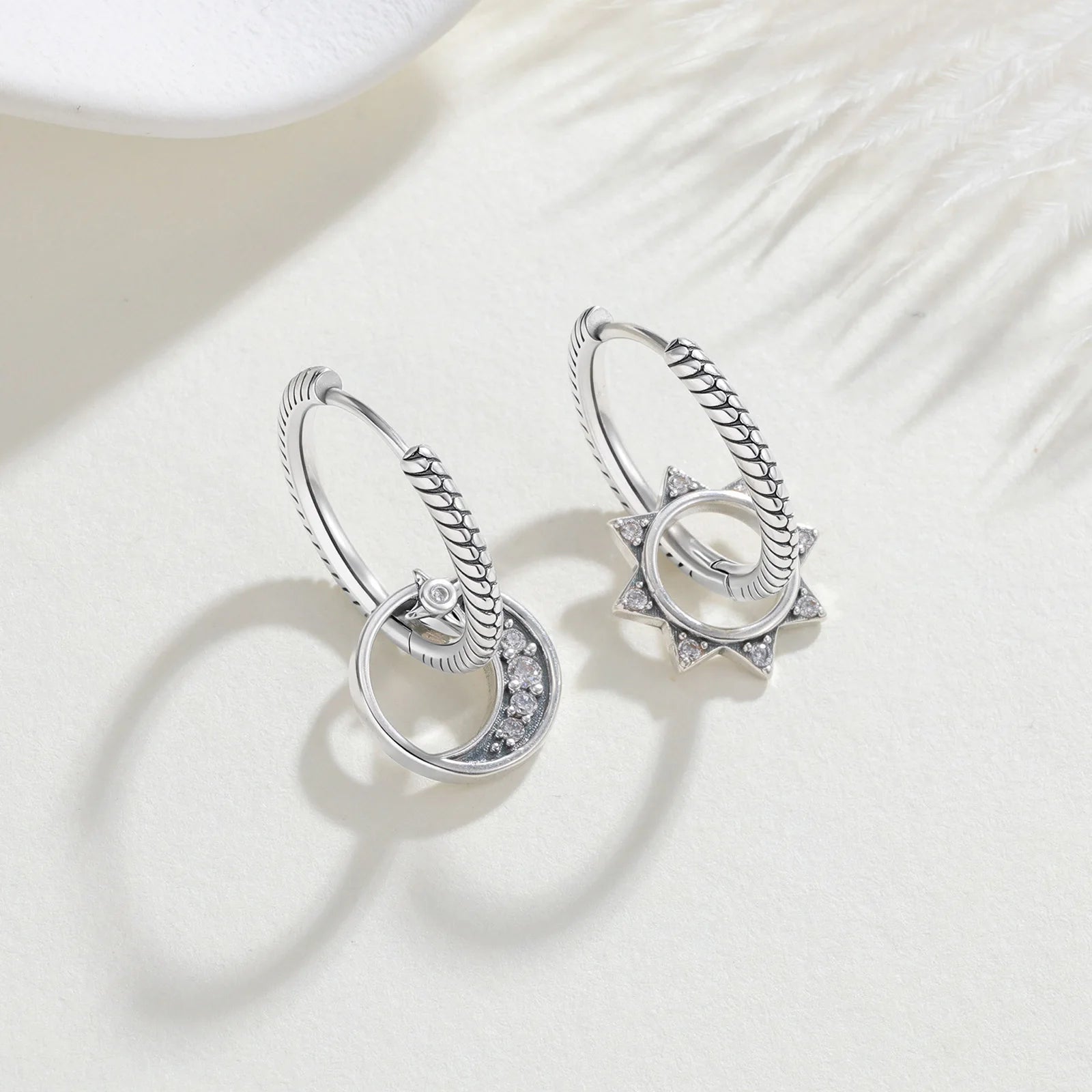 925 Sterling Silver Sun & Moon Asymmetric Hoop Earrings Pave CZ Celestial Design Dangle Earrings For Women Boho Jewelry Gifts