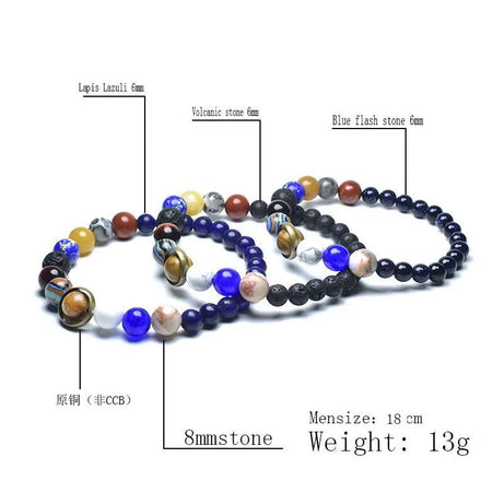 Eight Planets Solar System Beaded Bracelet, Lava & Lapis Lazuli Chakra Stones