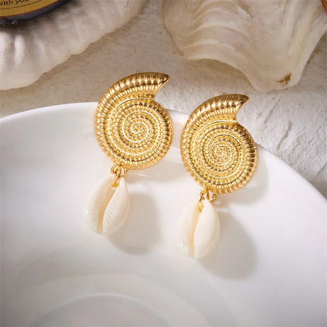 Boho Starfish, Conch and Scallop Pearl Pendant Earrings