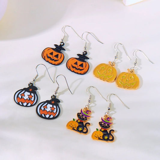 Cute Halloween White Ghost Drop Earrings for Women Cartoon Bat Spider Web Cat Pumpkin Star Tassel Dangle Earring Party Jewelry