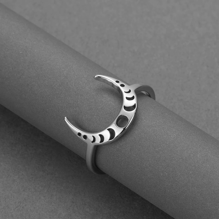 Moon Phase Band Ring, Stainless Steel Celestial Witchy Amulet
