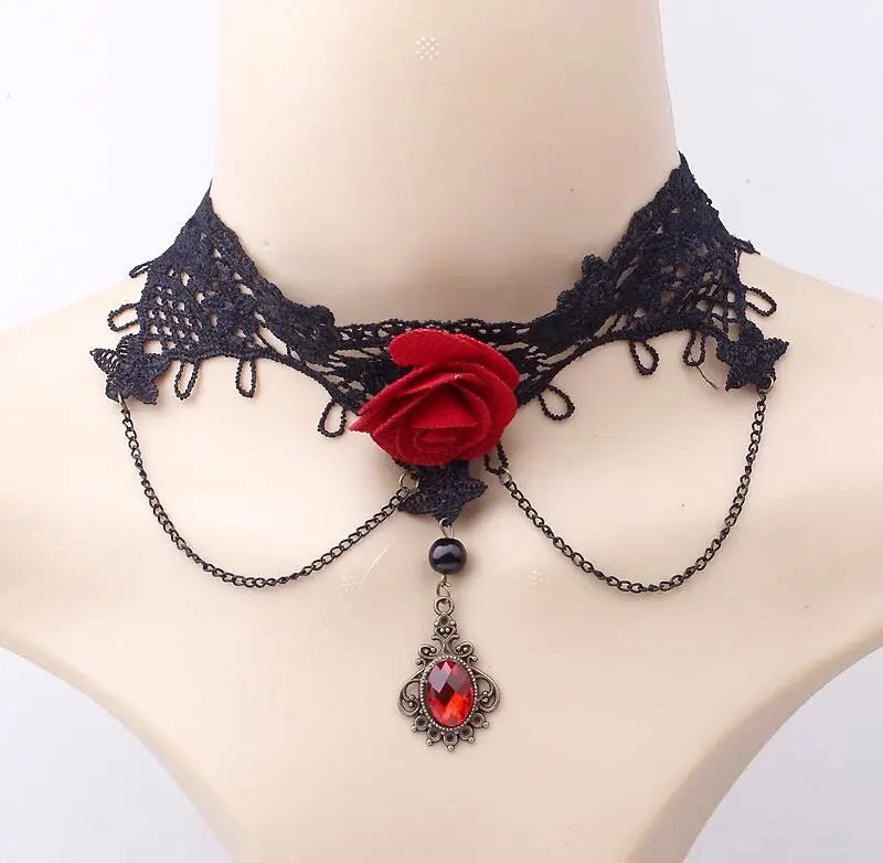 NEW Gothic Victorian Black Water Drop Pendant Lace Necklace Women Girl Tassel Steampunk Style Halloween Jewelry Earings for Girl - Charlie Dolly