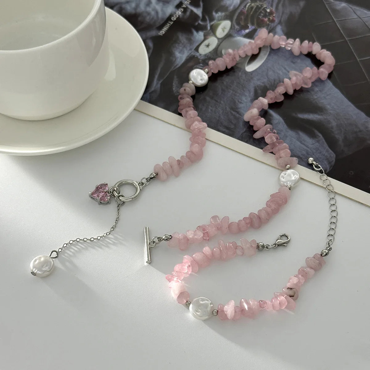 Boho Pink Zircon Heart Circular Imitation Pearl Pendant Necklace 2026 Sweet Natural Stone Chain Style Girls Fashion Jewelry