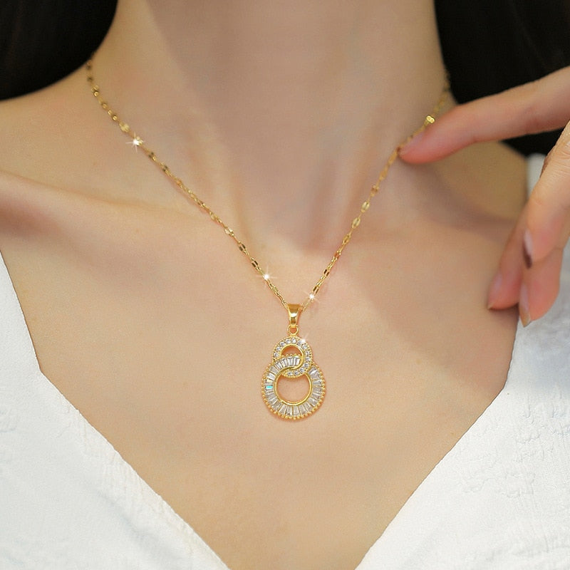 DIEYURO 316L Stainless Steel Crossover Circles Pendant Necklace For Women Girl Luxury Choker Charm Chain Jewelry Gift Party - Charlie Dolly