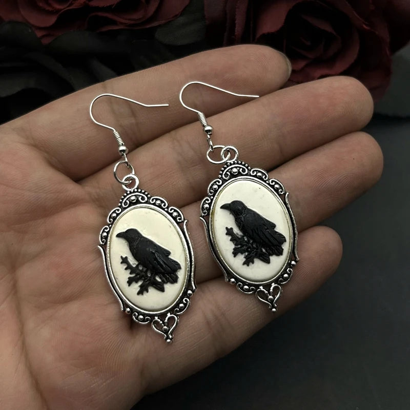 Raven Earrings Raven Crow Jewelry Goth Cameo Earrings Gothic Vintage Style Halloween Jewelry Witch Jewelry - Charlie Dolly