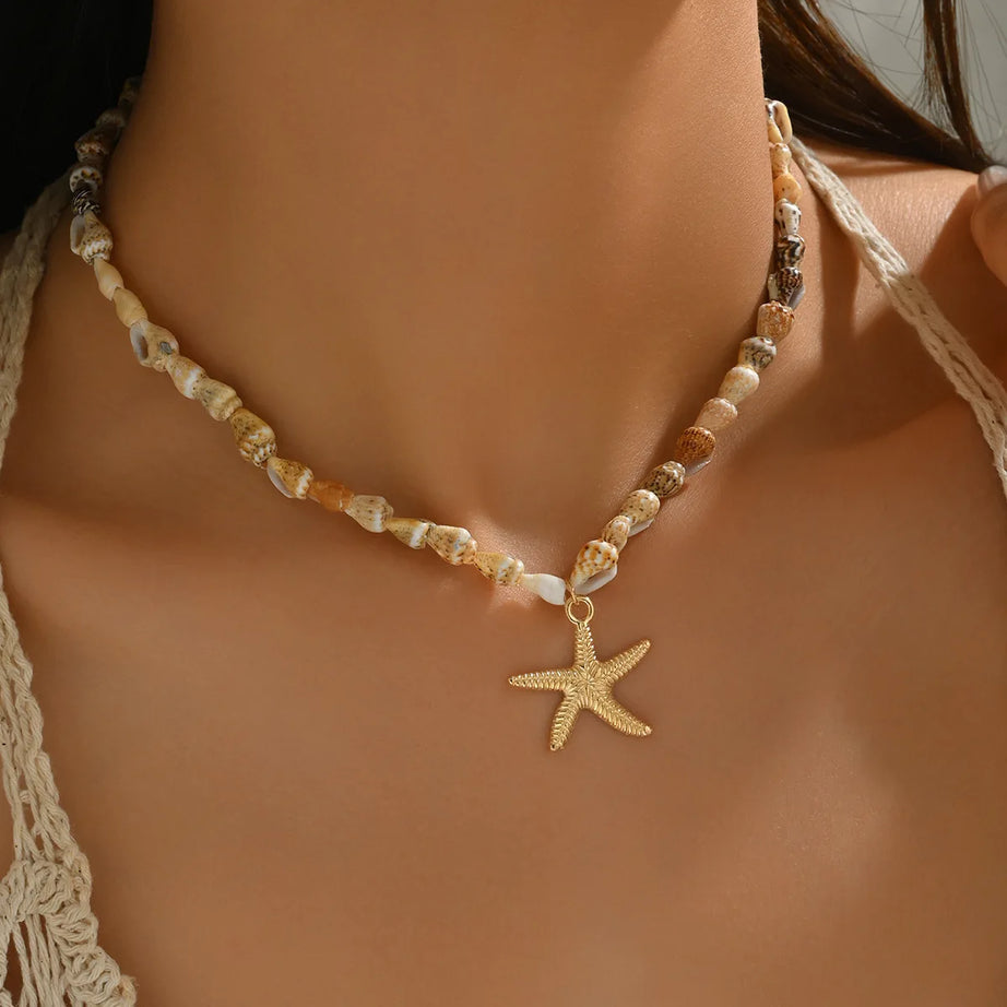 Turquoise Shell and Starfish Hand Woven Rope Boho Necklace