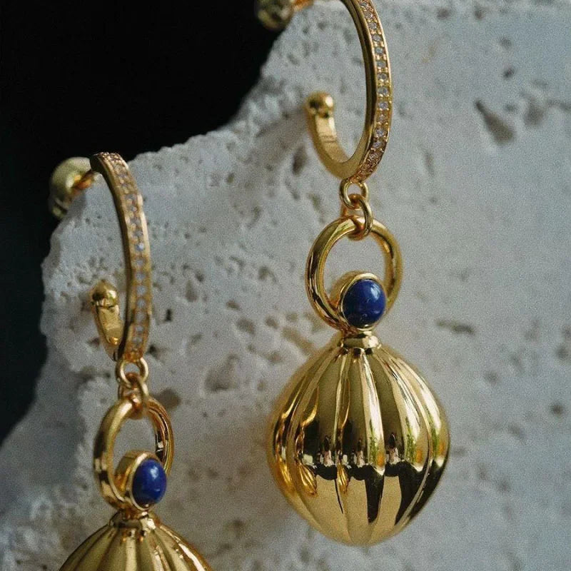 Nutmeg series original design retro artistic lapis lazuli earings long Ancient gold crafts glossy earrings for women jewelry