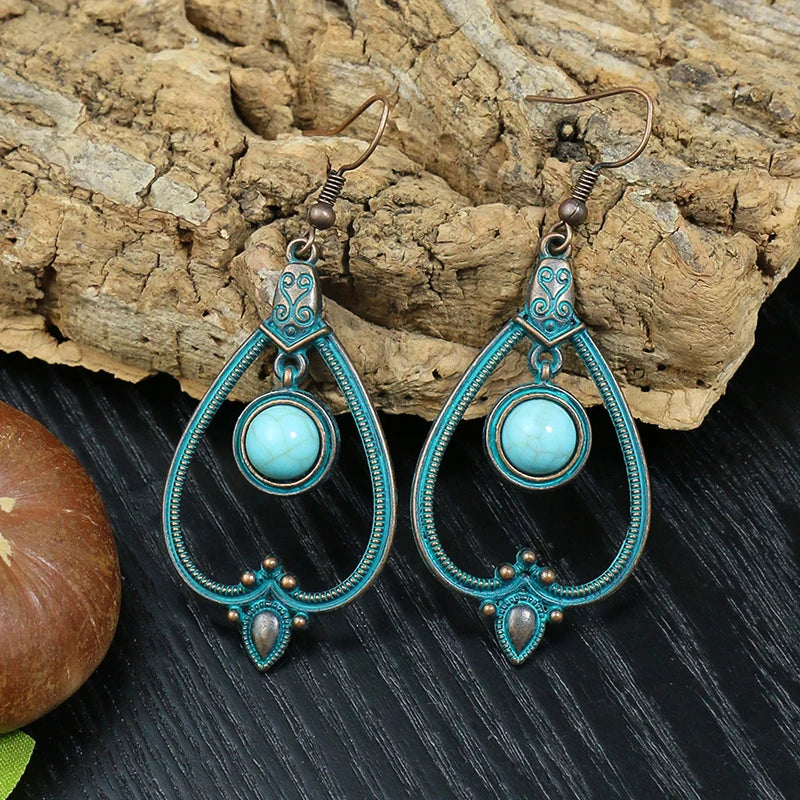 Vintage Boho Blue Stone Beaded Drop Earrings For Women Tassel Ethnic Geometric Flower Leaf Long Dangle Earrings Trendy Jewelry