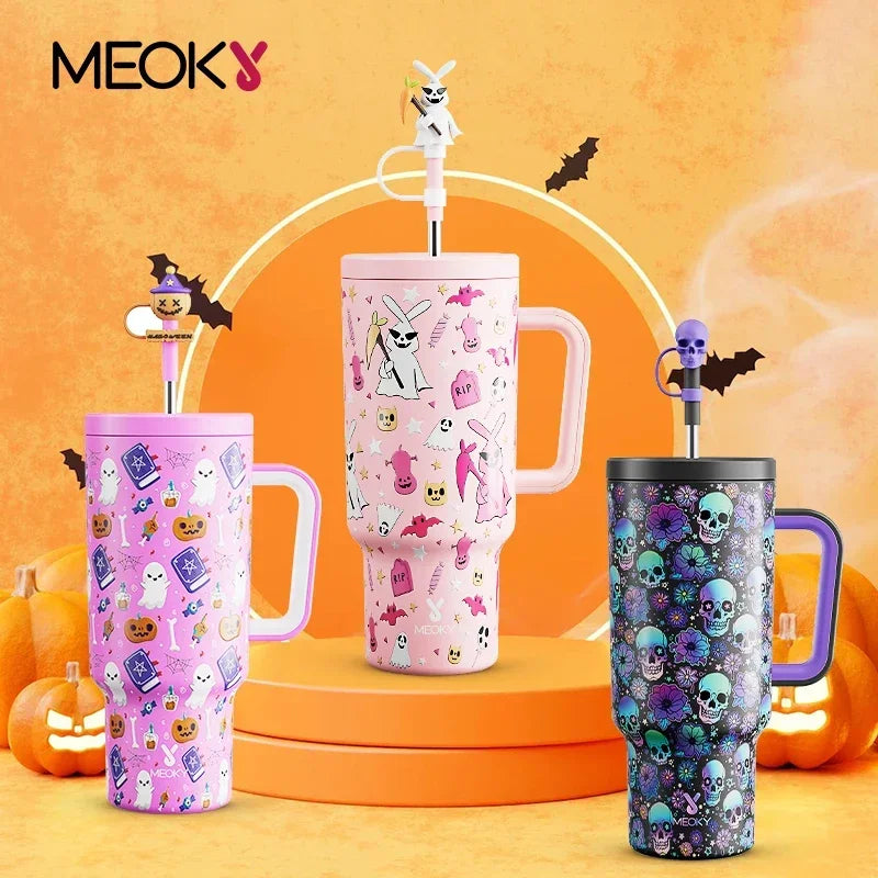 Meoky 40oz Tumbler Handle with Straw Cute Stopper Stainless Steel Insulation Coffee Cup Luminous Vacuum Car Mug Halloween Gifts - Charlie Dolly