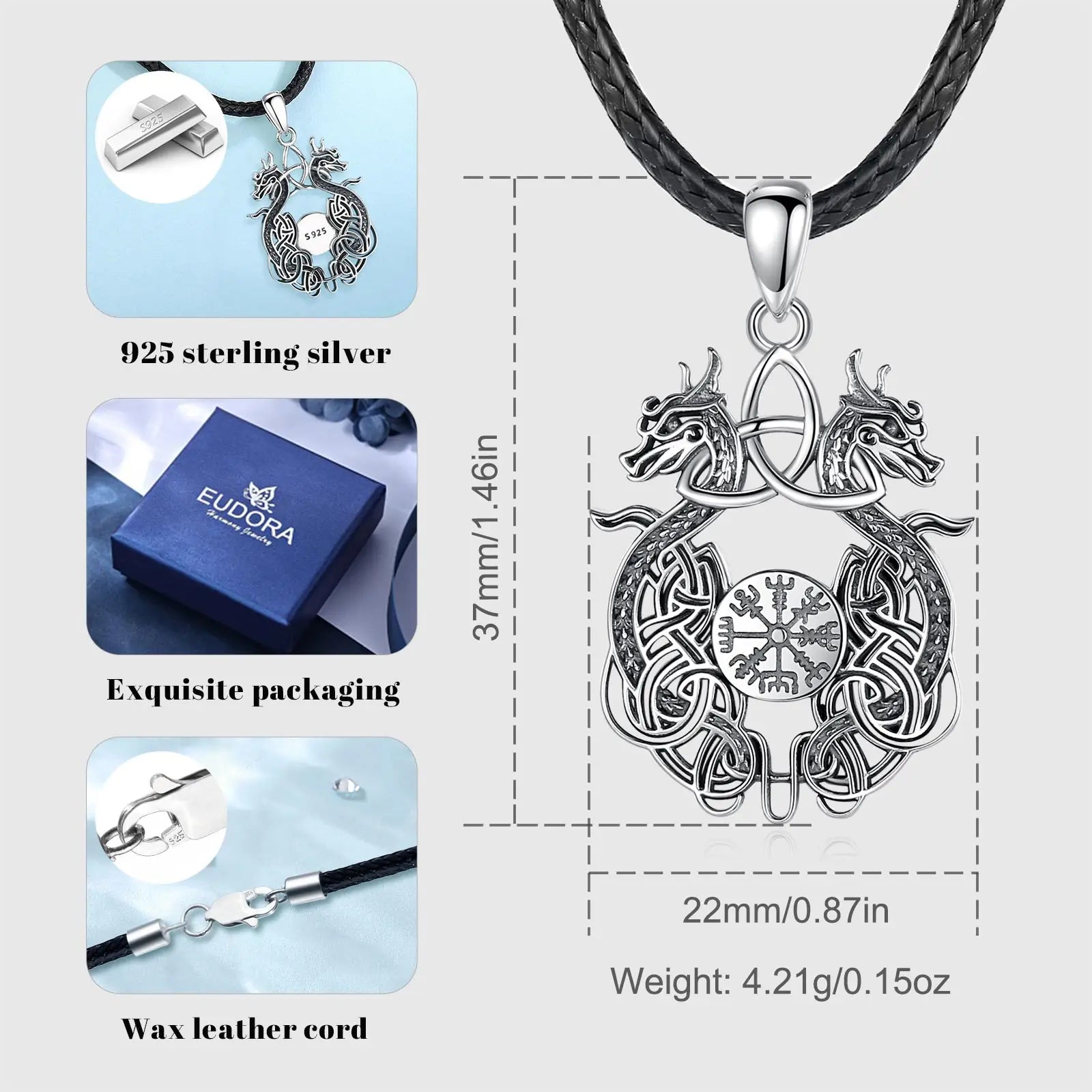 Eudora 925 Sterling Silver Viking Dragon Necklace for Man Women Celtic Knot Compass Amulet Pendant Personality Jewelry Fine Gift