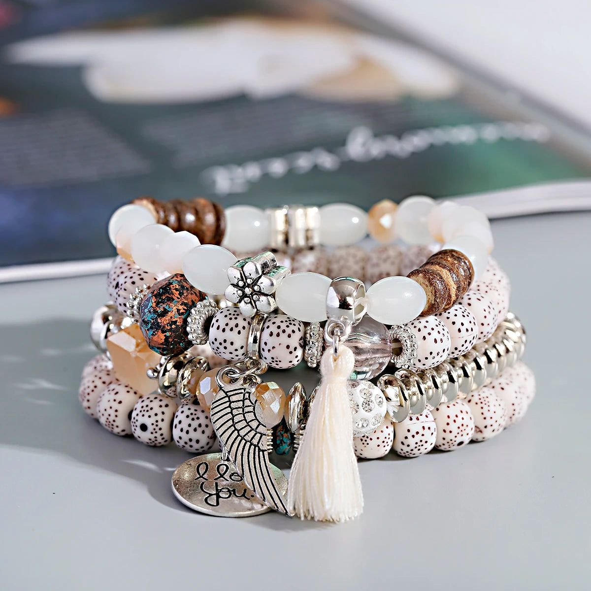 New Bohemian White Beads Tassel Bracelets Set Women Natural Lava Stone Alloy Wing Pendant Charm Bangle Boho Jewelry