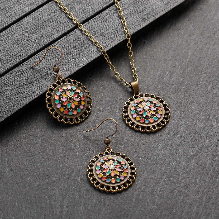 Colorful Bead Flower Necklace Earring Set Jewelry